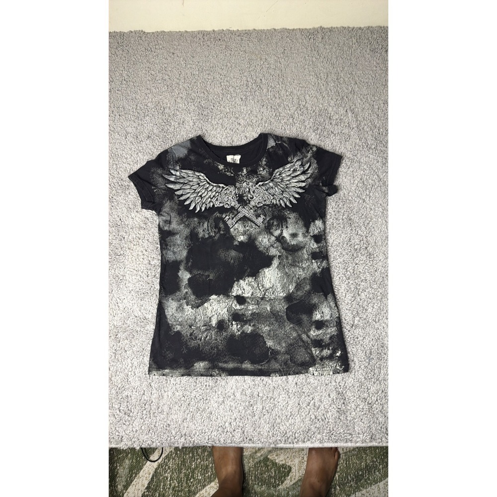 Vintage  L Miss Me Y2K Rhinestone Angel Wings Graphic Tee Black Grey Acid Wash.
